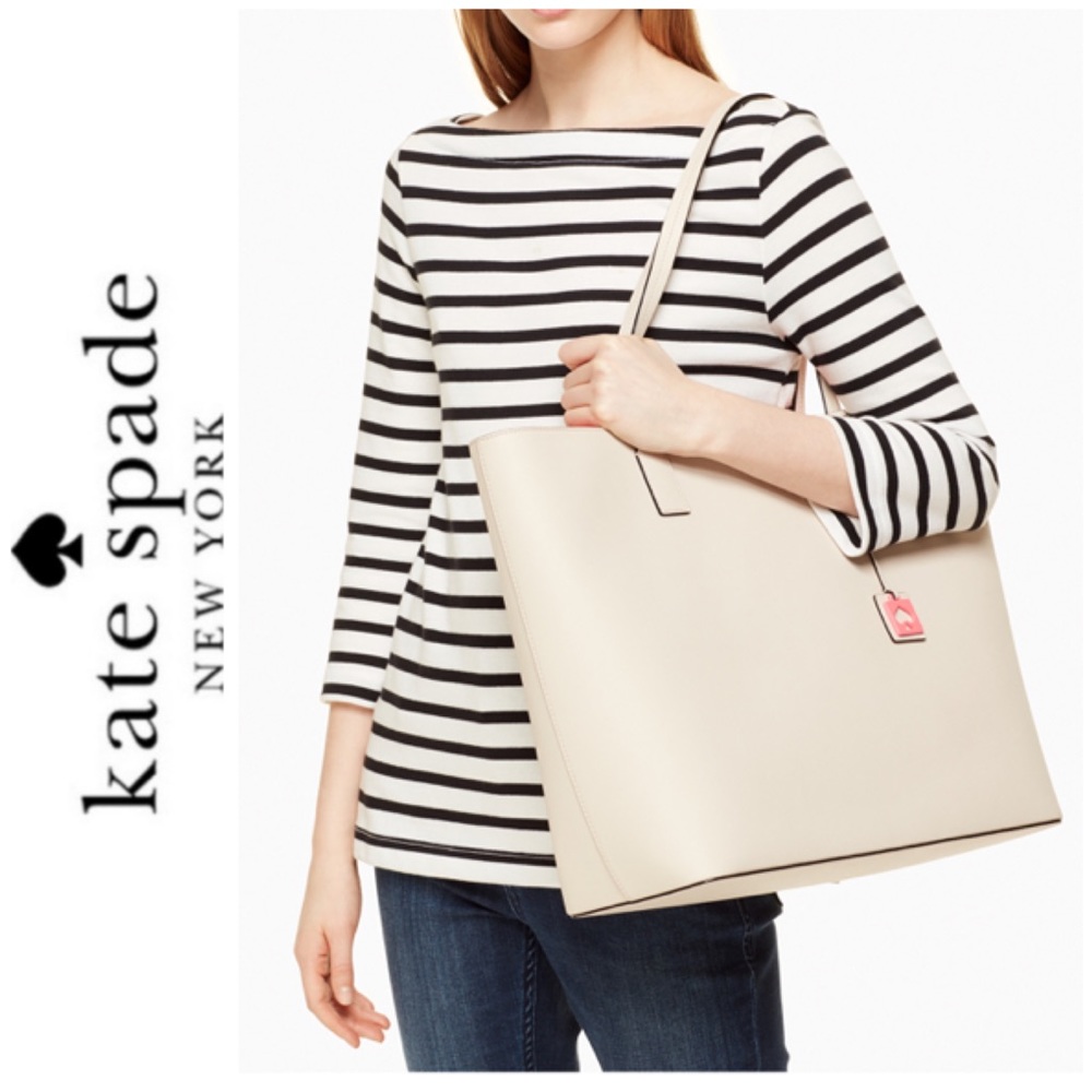 NWT Kate Spade leather top zip tote beige coral - Picture 3 of 7